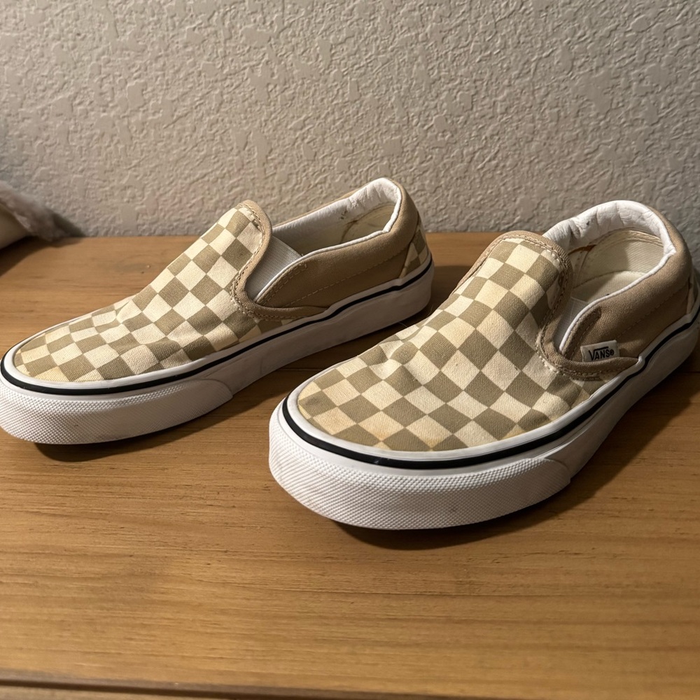 Vans Tan and White Checkered Slip-On Sneakers